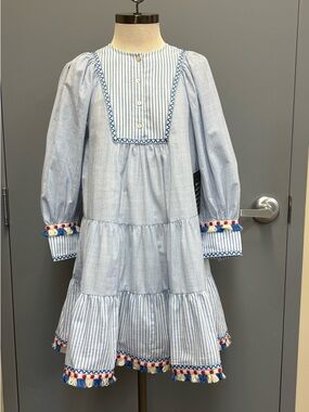 Tuckernuck Jen Dress Small Blue Stripe Tassel Fringe NWT Tiered Cotton